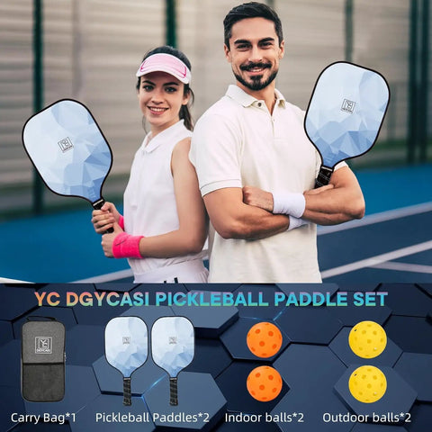 Lightweight Fiberglass Pickleball Paddles Set Of 2 With Honeycomb Core And Grippy Handle For Superior Spin And Control USAPA Approved For Outdoor And Indoor Play Includes 2 Balls And 1 Bag Great For Women And Men held by two people on court
