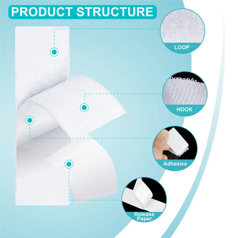 Heavy Duty Hook And Loop Tape 30 Ft X 1 Inch Self Adhesive Velcro Strips structure showing loop, hook, adhesive, and release paper.