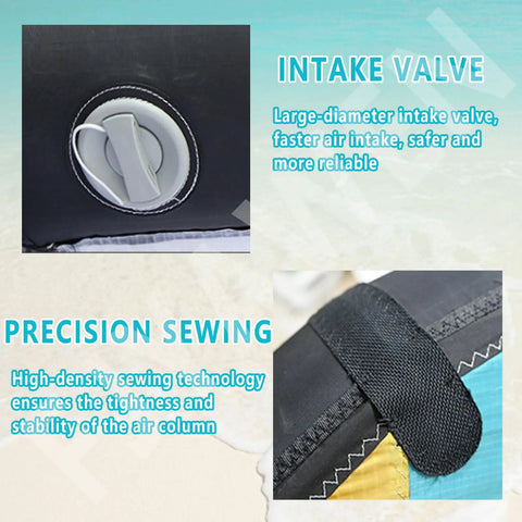 Inflatable Surf Wing 4 5 6 Sqm Handheld Windsurf Sail intake valve and precision sewing details with text descriptions