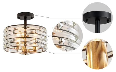 Crystal 3-Light Semi Flush Mount Ceiling Light Fixture With E12 Bases, D12 x H9 Inches, Sparkling Crystal Sticks Shade, Luxe Light Gold, Matte Black Finish, showcasing detailed view of mounting, glass, and gold accents.