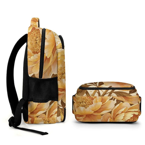Side view of Vintage Metallic Floral Printed Unisex Backpack With Large Capacity Durable Polyester Daypack For Travel School