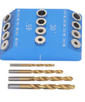 Knockout Accuracy Drill Guide Jig For 30 45 90 Degree Angles Rock Solid Aluminum Alloy Woodworking Clamp with drill bits.