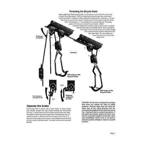 Ceiling Mount Bike Hoist Set Of 2 With Pulley System And Bike Hangers Easy Overhead Storage For Garage Or Workshop Holds Up To 55 Lbs Each Heavy Duty Rope Smooth Operation Space Saving instruction diagram with pulley and brake