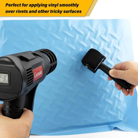Using heat gun and sponge roller from Vinyl Wrap Tool Kit for Cars With Heat Gun, 16Ft Cord, Squeegee, Vinyl Tucking Tool.