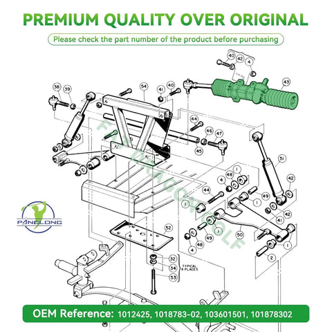 Diagram of Club Car DS Steering Rack And Pinion Gear Box For 1984 And Up DS Carryall And Turf Golf Carts Easy Install Direct Fit Rack Replacement OEM Nos 1012425 1018783-02 103601501 101878302 Fits Electric Or Gas Models