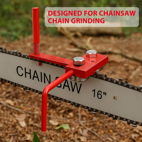 Heavy Duty Chainsaw Bar Rail Closer Tool for Precise Rail Alignment and Chain Grinding installed on chainsaw bar