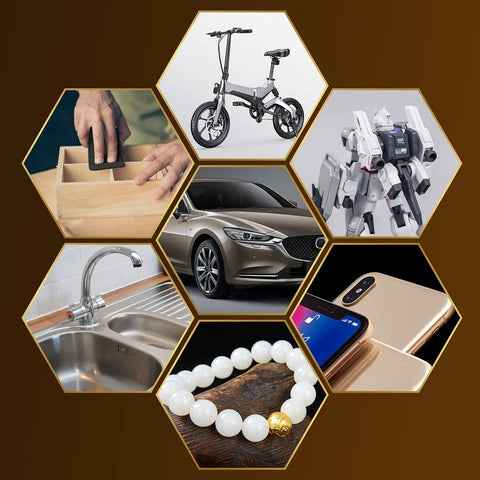 Collage featuring uses of 25-Piece Wet Dry Sandpaper Set With 1000 2000 3000 5000 7000 Grit For Wood Metal And Automotive Polishing.