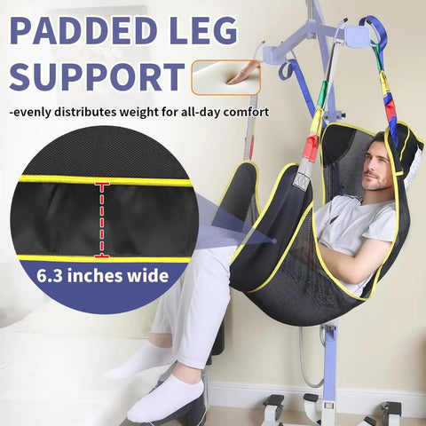 Padded leg support detail showing 6.3-inch width on Super Cool And Durable Full Body Mesh Patient Lift Sling For Electric Ceiling Hoists.