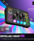 Streaming Ready Gaming Audio Mixer With RGB PC Interface, XLR Mic Input featuring vibrant RGB lighting and channel controls