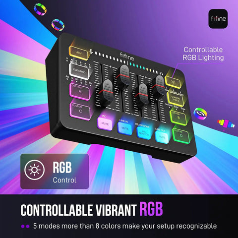 Streaming Ready Gaming Audio Mixer With RGB PC Interface, XLR Mic Input featuring vibrant RGB lighting and channel controls