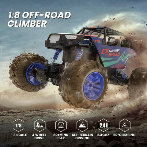 Large 1:8 Scale Monster Truck RC Car For Adults And Teens off-road climbing through dirt with 4WD and realistic sound features.