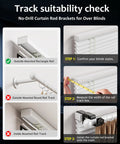Diagram showing installation of No Drill Curtain Rod Brackets for Outside Mount Blinds, steps include style check, measuring, and install.