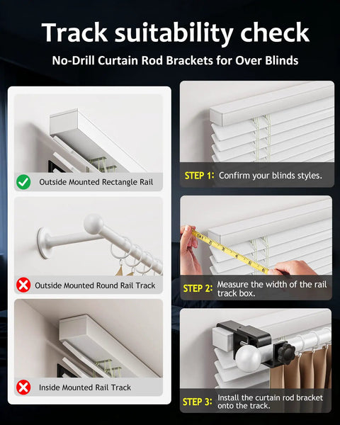 Diagram showing installation of No Drill Curtain Rod Brackets for Outside Mount Blinds, steps include style check, measuring, and install.