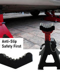 6Ton car jack stand with slotted ribbed rubber lifting pad; separate rubber pad shown beside stand under vehicle