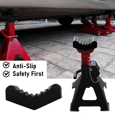 6Ton car jack stand with slotted ribbed rubber lifting pad; separate rubber pad shown beside stand under vehicle