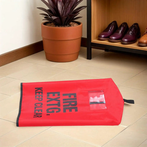 Rugged Outdoor Fire Extinguisher Cover With Quick Install Mount And Inspection Tag Pocket for wall or truck mount on tiled floor