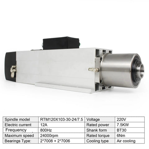 Heavy Lifter 7.5KW BT30 Air Cooled Spindle Motor With Automatic Tool Change ATC 24000RPM 220V 4 Pole VFD Inverter Kit side view showing BT30 collet