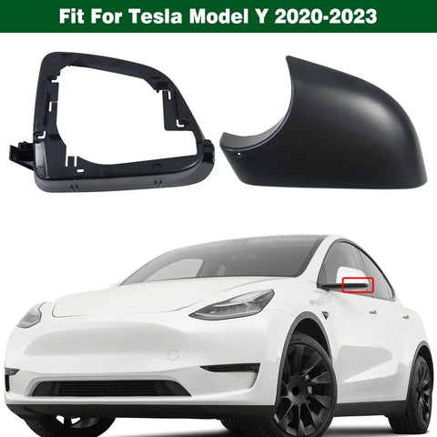 Super Clean Slick Swap Replacement Rearview Mirror Cover And Lower Trim Ring Frame Set For Tesla Model Y Driver Side Door Wing Mirror Housing Direct Bolt On 2020 To 2023, showing black mirror cover and frame.