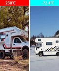 Two RVs side by side in contrasting climates; left in desert heat at 230°C, right in snowy landscape at -72.4°C.