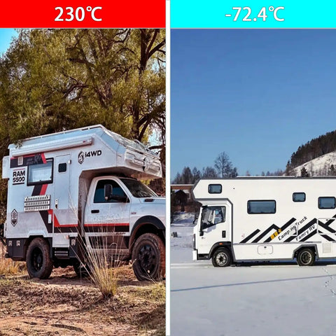 Side-by-side comparison of two RVs: one in a hot desert at 230°C, the other in a snowy area at -72.4°C.