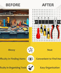 Before and after of messy and organized tools with 8 Inch Magnetic Tool Strips 4 Pack Rubber Coated Wall Mounted Organizer