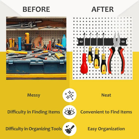 Before and after of messy and organized tools with 8 Inch Magnetic Tool Strips 4 Pack Rubber Coated Wall Mounted Organizer