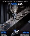 Toolant cobalt step drill bit in drill chuck, 12-step, 3/16–7/8 in, cutting into metal rail