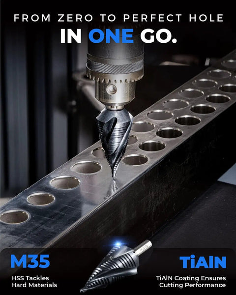 Four Spiral Flute Cobalt Step Drill Bit Set Pro Max in use on metal surface, drilling precise holes, TiAlN-coated M35 cobalt.