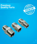 Set of three stainless steel adapters for Flexible Yellow Coated Four Foot Gas Line Kit With Five Eighths Inch OD To One Half Inch MIP And One Half Inch FIP Adapters Plus Three Quarter Inch MIP Fitting Stainless Steel Hose Connector For Gas Fireplace Stove And Water Heater Install on blue background