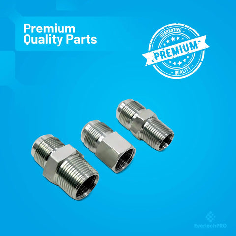 Set of three stainless steel adapters for Flexible Yellow Coated Four Foot Gas Line Kit With Five Eighths Inch OD To One Half Inch MIP And One Half Inch FIP Adapters Plus Three Quarter Inch MIP Fitting Stainless Steel Hose Connector For Gas Fireplace Stove And Water Heater Install on blue background
