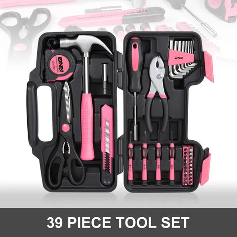 39 Piece Portable Car And Home Emergency Tool Kit With Storage Case Pink shown open with tools like hammer, pliers, and bits