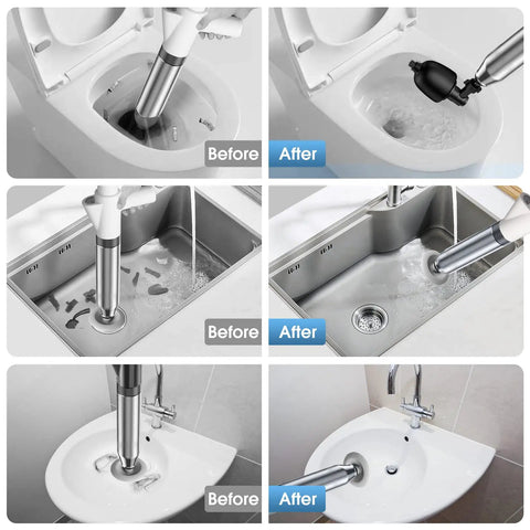 Heavy Duty Toilet Plunger With Air Pressure Boost Workhorse Clog Remover in use on toilet, sink, and basin.