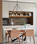 Round Wagon Wheel Chandelier With Eight Lights, Rustic Farmhouse Pendant Fixture in modern dining room setting