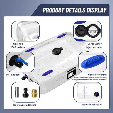 50 Gallon Collapsible Water Storage Bladder With Spigot For Emergency Prep, detailing features like metal faucet and thickened PVC.