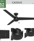 52 Inch Damp Rated Ceiling Fan With Reversible Blades Three Blades Matte Black No Light For Patio Porch Garage Or Living Room Pull Chain Standard Mount Indoor Outdoor Use, close-up details and branding