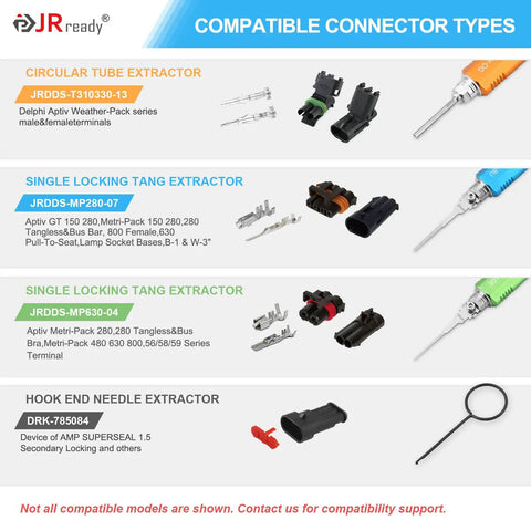 Diagram of compatible connector types for Heavy Duty DdS Metal Storage Handle Pin Removal Kit For Weather Pack And Metri Pack Connectors.
