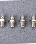 Four silver grease fittings from 45 Piece Grease Fitting Kit With Angle And Straight Fittings For Bearings And Marine Use.