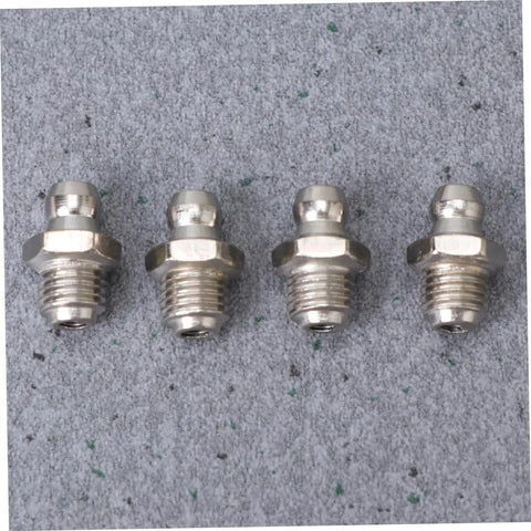 Four silver grease fittings from 45 Piece Grease Fitting Kit With Angle And Straight Fittings For Bearings And Marine Use.