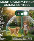 Child and dog on lawn with 2 Pack Ultrasonic Deer Deterrent Devices With Solar Power, Motion Activated LED Strobe in background.