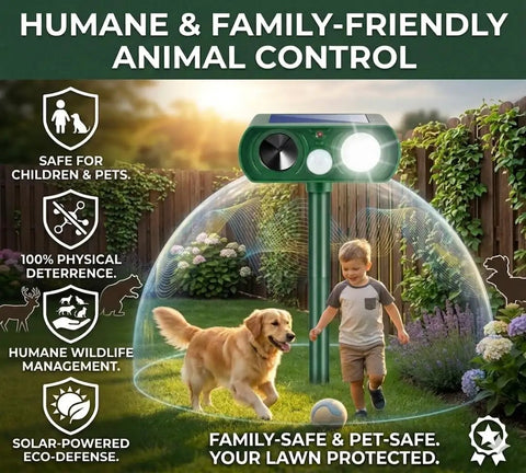 Two Pack Solar Ultrasonic Animal Repellent For Gardens With Motion Sensor Strobe Light That Keeps Deer Rabbits Squirrels Raccoons And Other Critters Out Of Your Yard Farm And Flower Beds; garden sensor in backyard