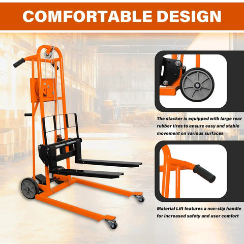 Heavy Duty Manual Winch Material Lift Stacker, 500 Pound Capacity, Sweet 41 Inch Rise, No Sweat Compact Pallet Cart, Easy Roll Gear For Tight Warehouse And Garage Jobs