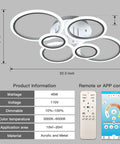 Diagram of Dope Modern 6 Ring LED Ceiling Light With Remote And App Control, showing dimensions and features.