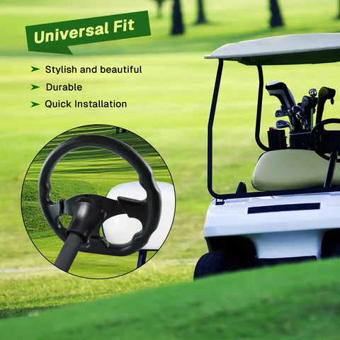 D-Shape Steering Wheel With Adapter For Club Car EZGO TXT And RXV Golf Carts next to a golf cart on the course