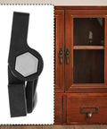 Four Pack 36x42mm Black Plastic Adjustable Torque Hinges For Wardrobe Cabinets Doors And Wooden Storage Boxes With Smooth Dampening For Quiet Opens And Closes The Lord of the Tools, close-up view next to wooden cabinet