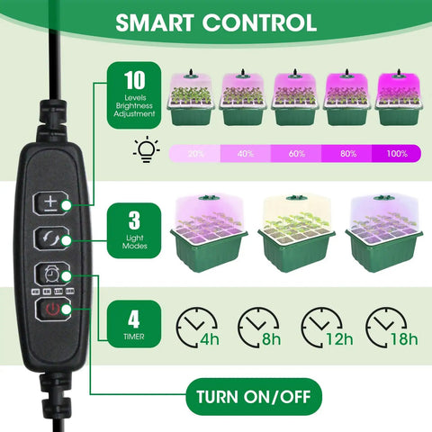 Self Watering Seed Starter Tray With 8 LED Grow Light Reusable 60 Cell Germination Kit With Humidity Dome control settings