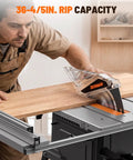 10 Inch Table Saw With Stand, 15 Amp Copper Motor Spins at 5300 Rpm for Badass Cuts through Hardwood, Precision Woodworking Tool Built Tough for Durable Performance and Smooth Operation on Every Project You Gonna Crush in Your Shop Today, showing rip capacity and cutting wood.