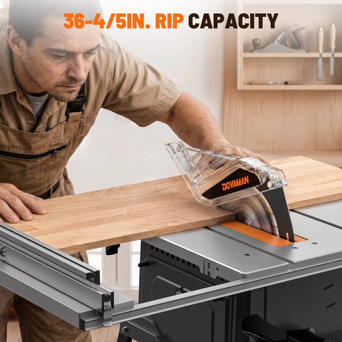 10 Inch Table Saw With Stand, 15 Amp Copper Motor Spins at 5300 Rpm for Badass Cuts through Hardwood, Precision Woodworking Tool Built Tough for Durable Performance and Smooth Operation on Every Project You Gonna Crush in Your Shop Today, showing rip capacity and cutting wood.