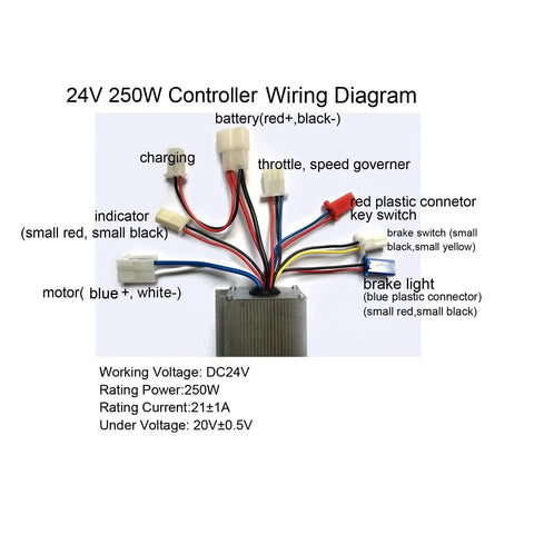 24V 250W Brush DC Motor Speed Controller For Electric Scooters E Bikes Bicycles And Tricycles With Throttle 1 To 4V 20V Under Voltage Protection Matches Brushed Motors Easy Install White wiring diagram with labeled connectors