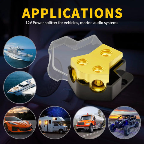 Heavy Duty 12V Car Audio Power Distribution Block 2 Way In 0 2 4 Gauge To Out 4 6 8 Gauge Amp Splitter For Automotive Marine Boat 2 Pack Easy Install Grounded Power Hub with waterproof cover, used in car, truck, boat, and RV audio systems