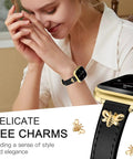 Premium Slim Genuine Leather Apple Watch Band With Chic Bee Charms on woman's wrist, stylish and comfortable fit for daily wear.